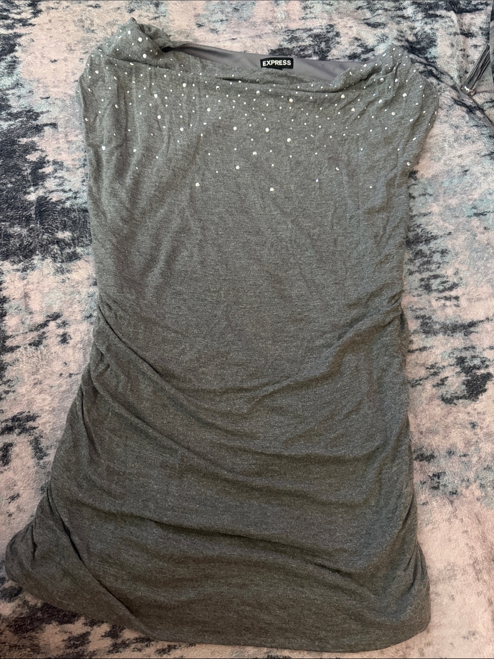 Express Women's Charcoal Gray Boatneck Top with Rhinestone Accents